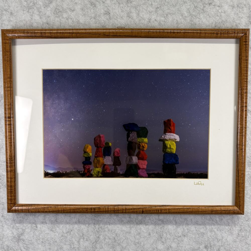 Seven Magic Mountains Night Sky Fine Art Print Signed Lucy Wu Framed 13x17